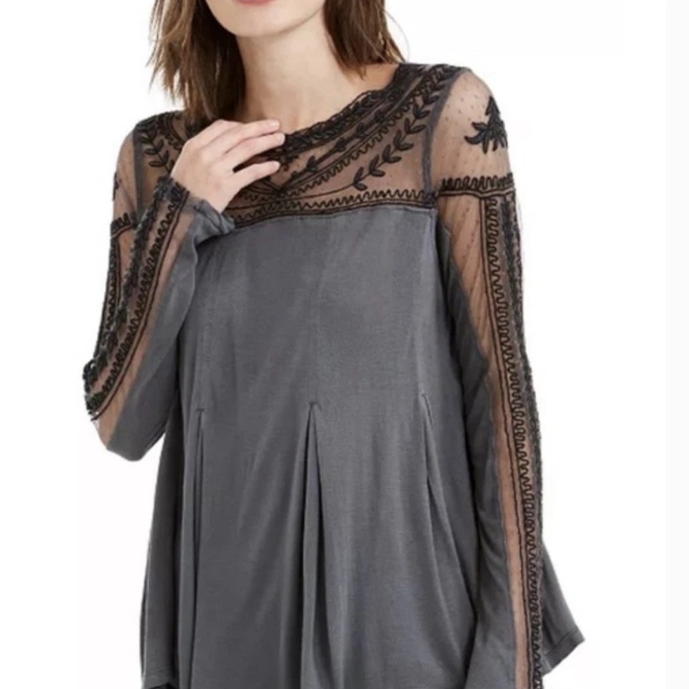 Free People Gray Sheer Embroidered Blouse